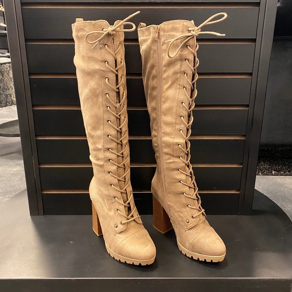 Taupe Lace Up Heeled Boots